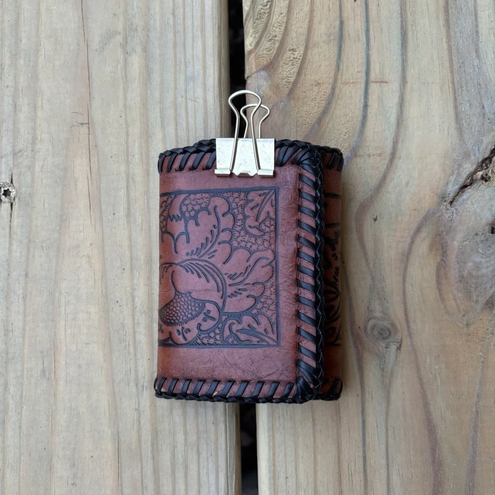 Vintage Leather Wallet Bifold Hand Tooled Whipstitch Genuine Dogs Flower 90s